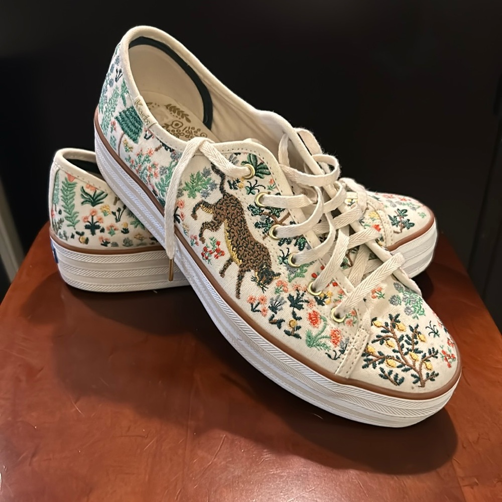 “Menagerie” Triple Kick Keds x Rifle Paper Co. Embroidered platform sneaker
